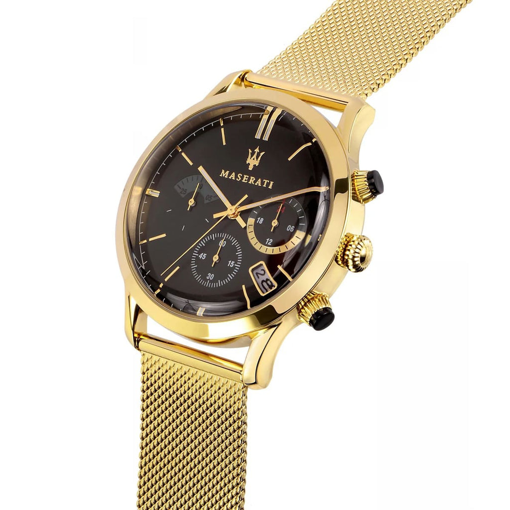 Maserati Ricordo R8873633003 42mm Men’s Chronograph Watch – Black Sunray Dial & Gold Stainless Steel Mesh Strap