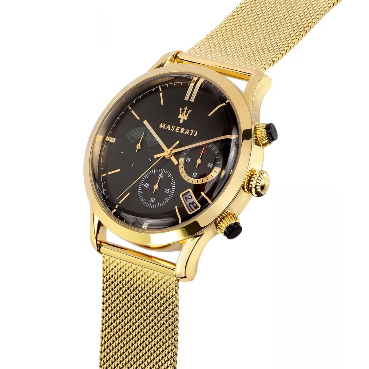 Maserati Ricordo R8873633003 42mm Men’s Chronograph Watch – Black Sunray Dial & Gold Stainless Steel Mesh Strap