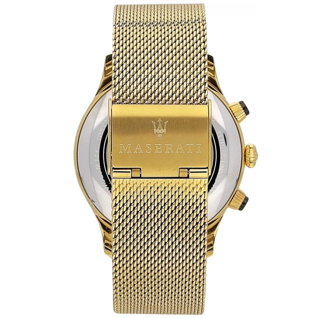 Maserati Ricordo R8873633003 42mm Men’s Chronograph Watch – Black Sunray Dial & Gold Stainless Steel Mesh Strap