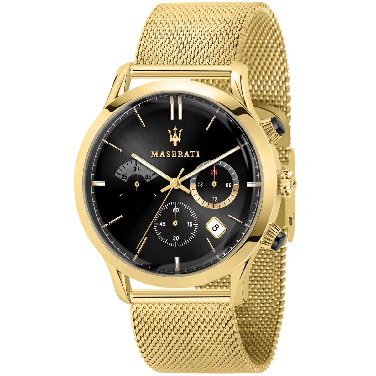 Maserati Ricordo R8873633003 42mm Men’s Chronograph Watch – Black Sunray Dial & Gold Stainless Steel Mesh Strap