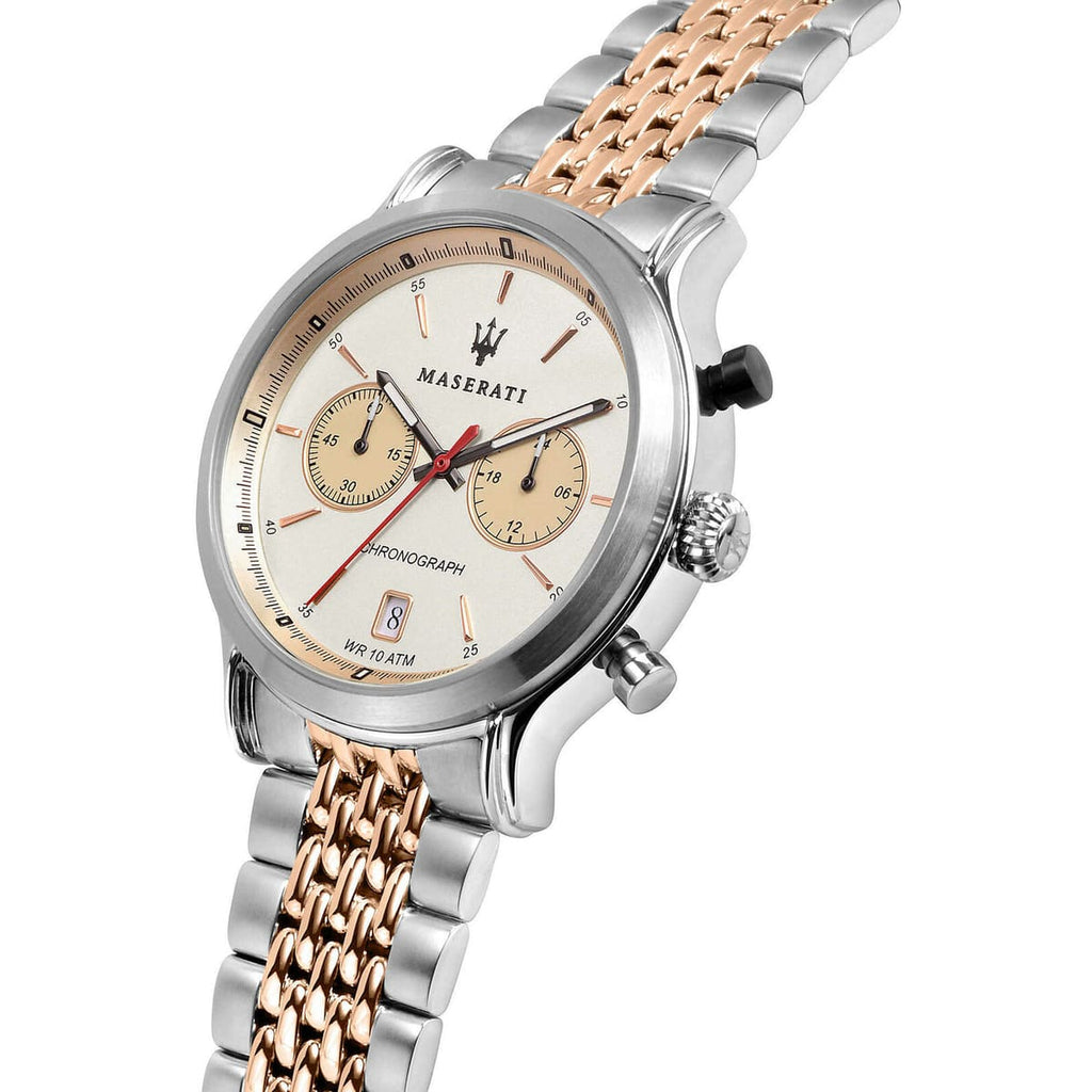 Maserati Legend R8873638002 42mm Men’s Chronograph Watch – Cream-White Panda Dial & Two-Tone Grain-Link Bracelet