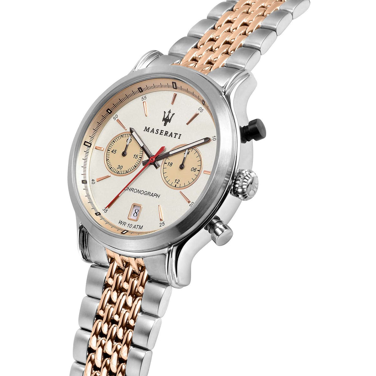 Maserati Legend R8873638002 42mm Men’s Chronograph Watch – Cream-White Panda Dial & Two-Tone Grain-Link Bracelet