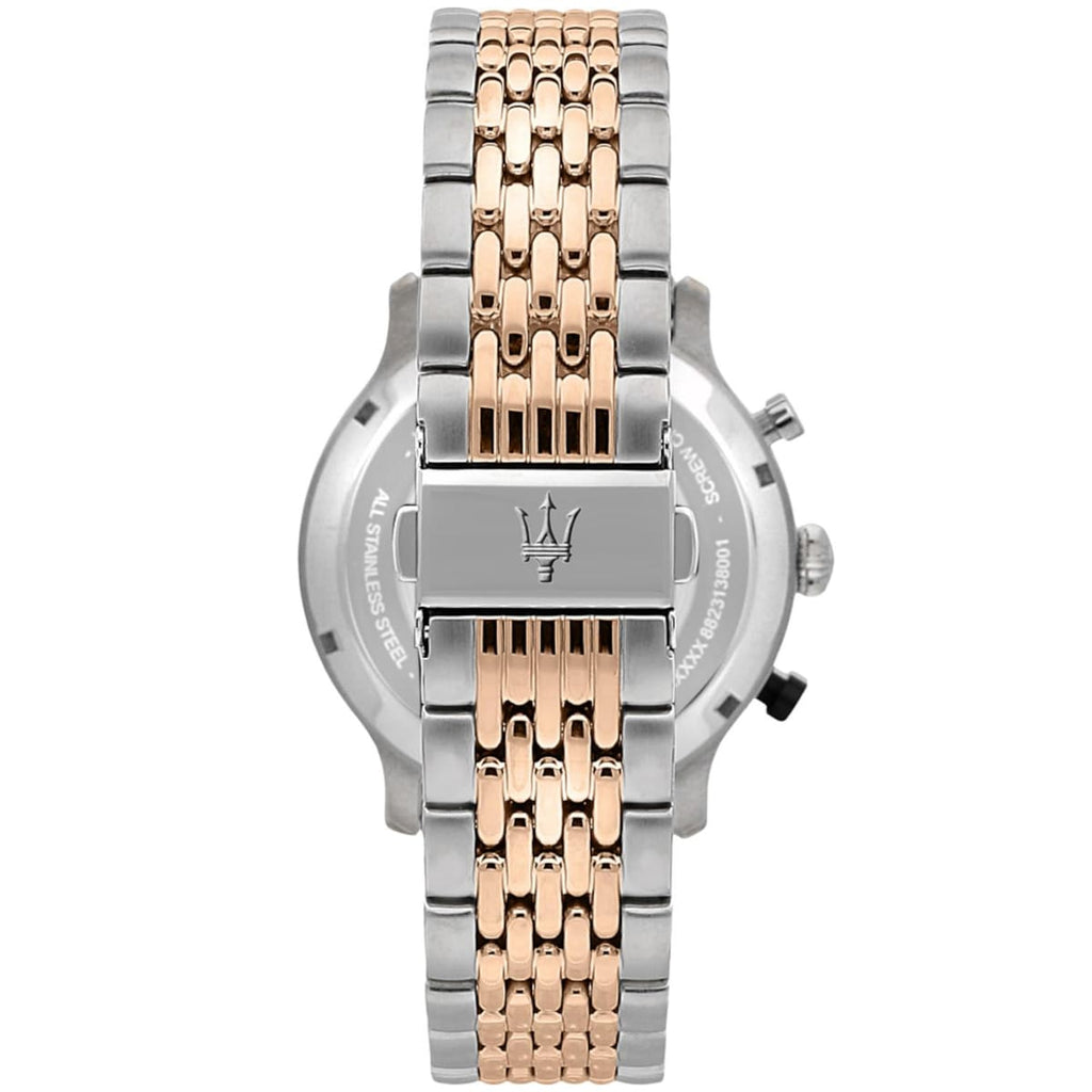 Maserati Legend R8873638002 42mm Men’s Chronograph Watch – Cream-White Panda Dial & Two-Tone Grain-Link Bracelet