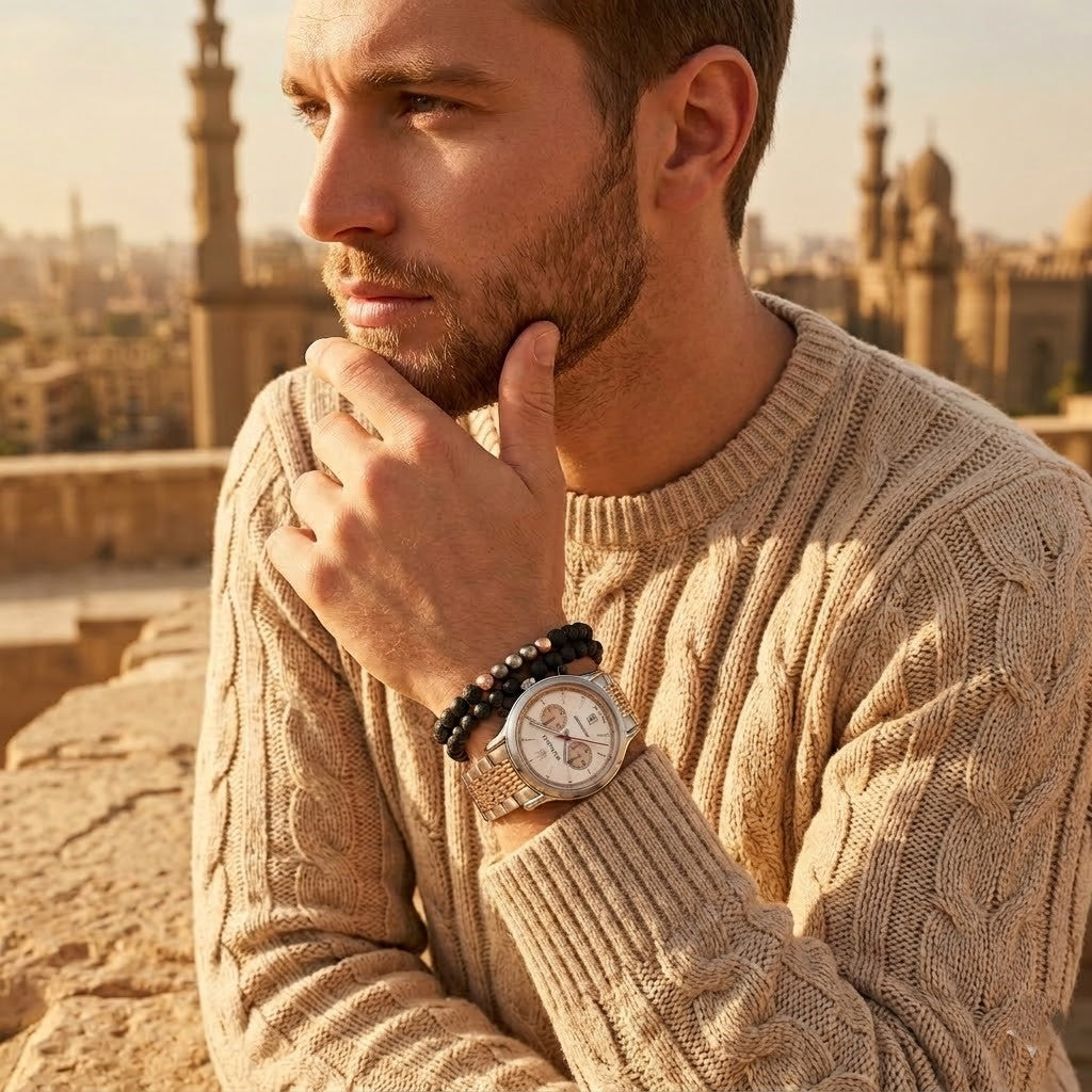 Maserati Legend R8873638002 42mm Men’s Chronograph Watch – Cream-White Panda Dial & Two-Tone Grain-Link Bracelet