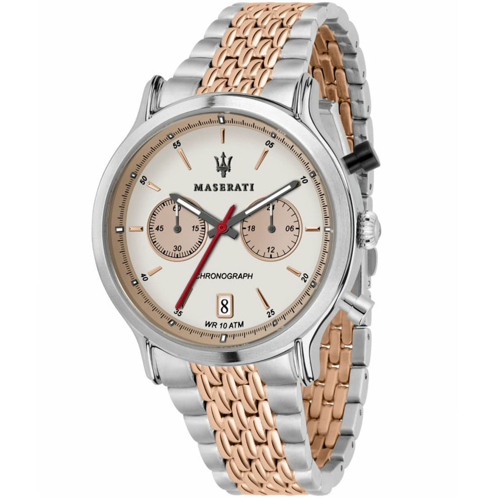 Maserati Legend R8873638002 42mm Men’s Chronograph Watch – Cream-White Panda Dial & Two-Tone Grain-Link Bracelet