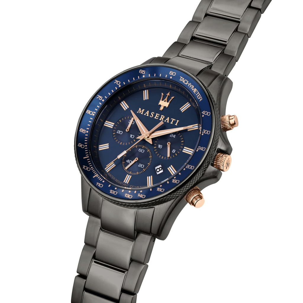 Maserati Sfida R8873640001 44mm Men’s Chronograph Watch – Blue Sunray Dial & Gunmetal Gray Link Bracelet