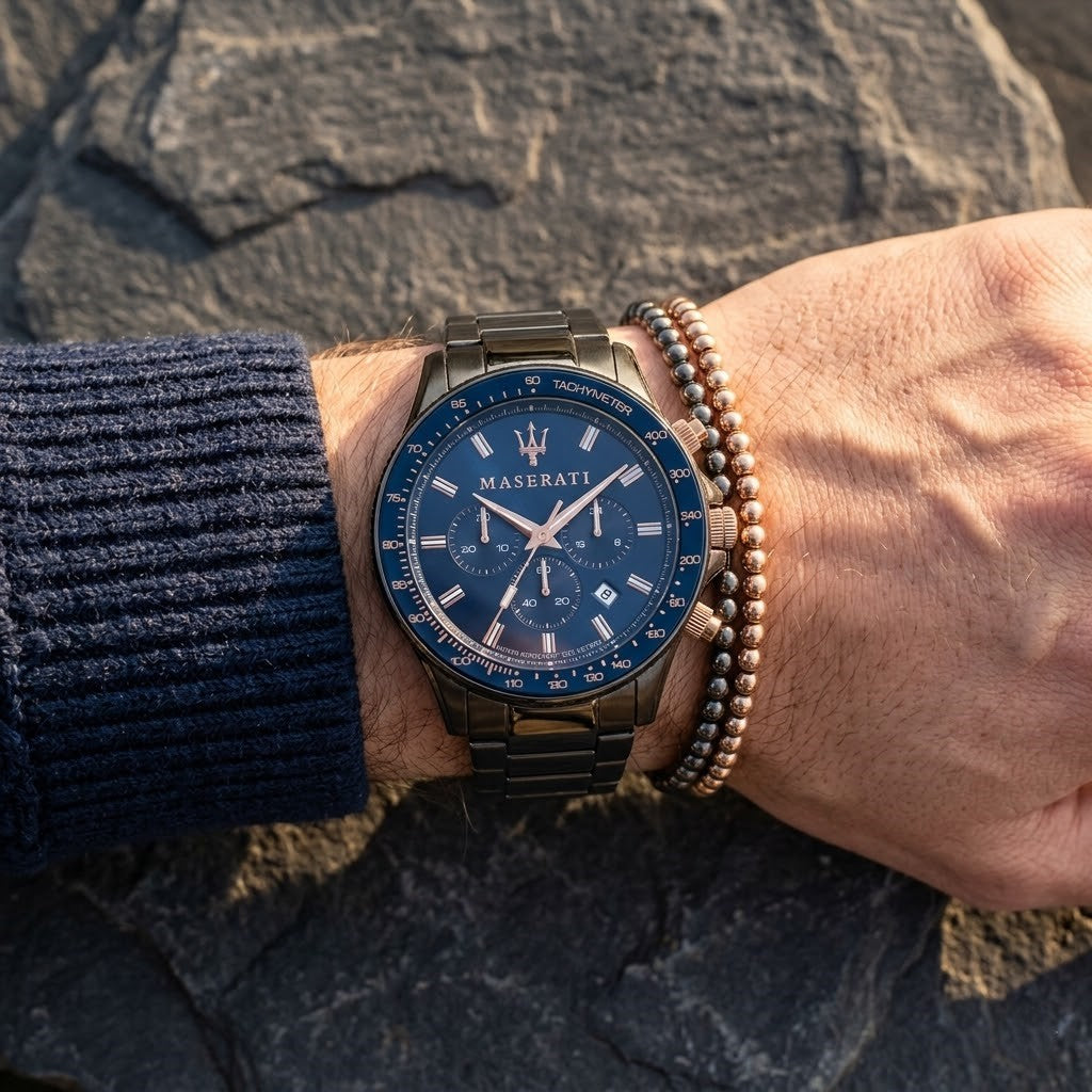 Maserati Sfida R8873640001 44mm Men’s Chronograph Watch – Blue Sunray Dial & Gunmetal Gray Link Bracelet