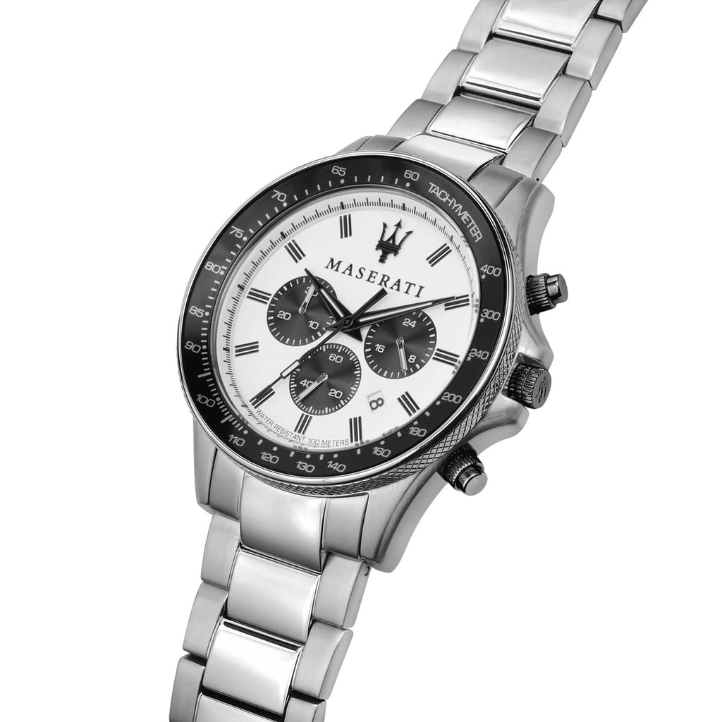 Maserati Sfida R8873640003 44mm Men’s Chronograph Watch – White Panda Dial & Silver-Tone Link Bracelet