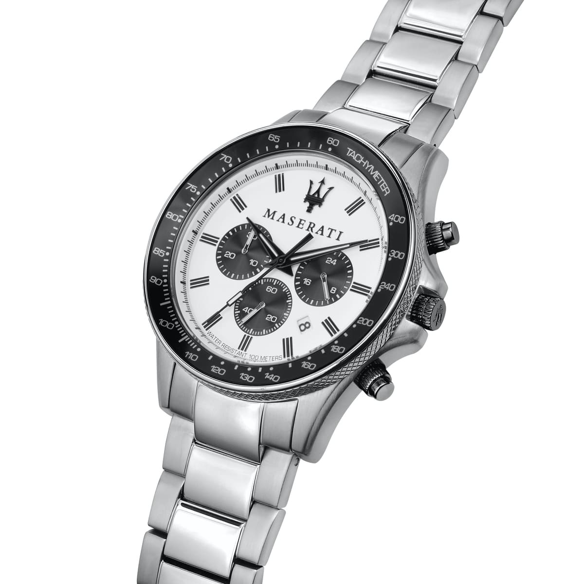 Maserati Sfida R8873640003 44mm Men’s Chronograph Watch – White Panda Dial & Silver-Tone Link Bracelet