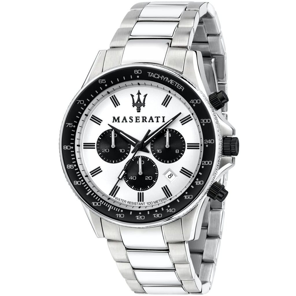 Maserati Sfida R8873640003 44mm Men’s Chronograph Watch – White Panda Dial & Silver-Tone Link Bracelet