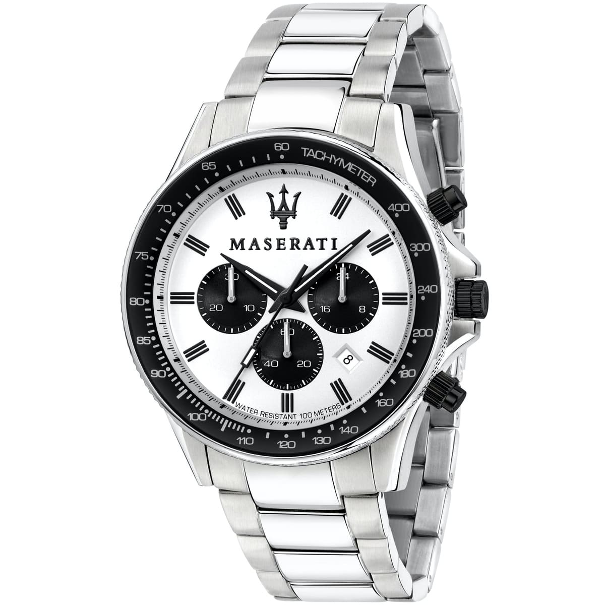 Maserati Sfida R8873640003 44mm Men’s Chronograph Watch – White Panda Dial & Silver-Tone Link Bracelet