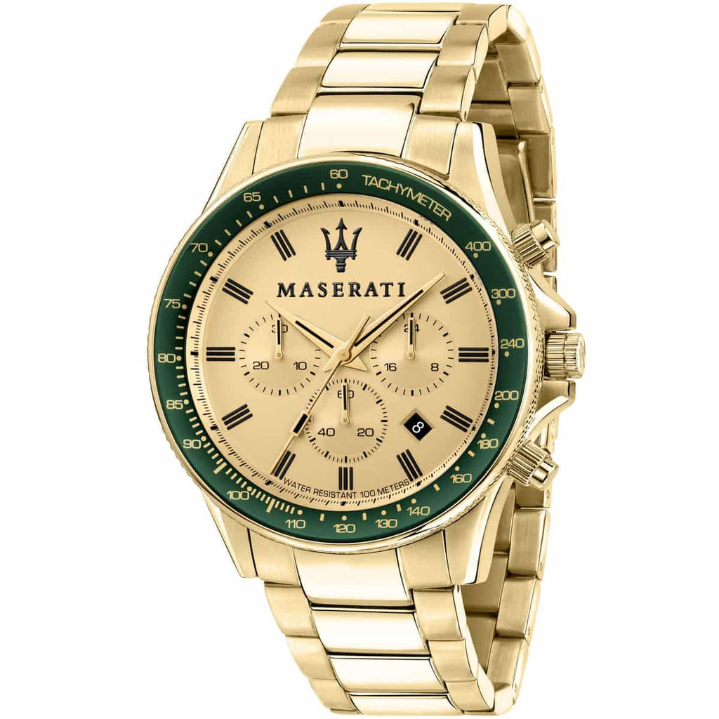 Maserati Sfida R8873640005 44mm Men’s Chronograph Watch – Vibrant Gold Sunray Dial & Gold-Tone Stainless Steel Link Bracelet