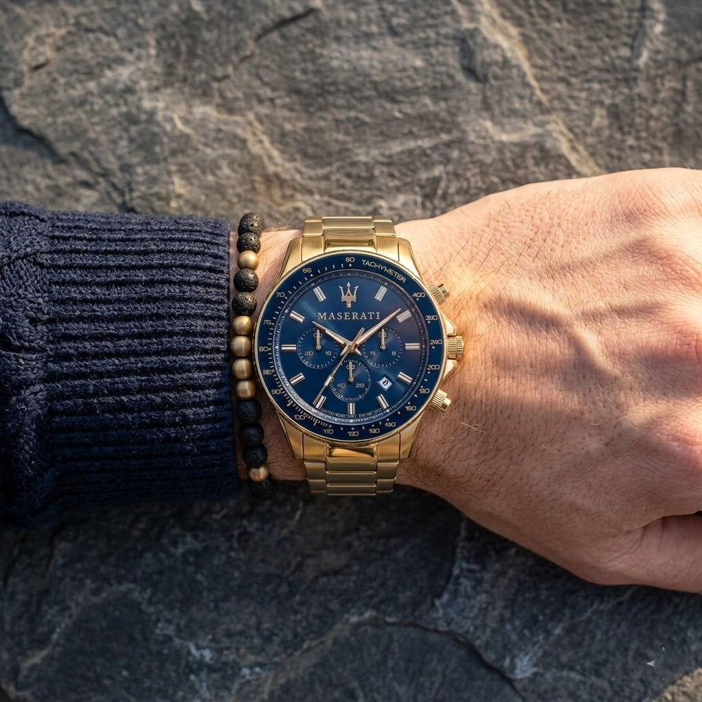 Maserati Sfida R8873640008 44mm Men’s Chronograph Watch – Blue Sunray Dial & Gold Link Bracelet