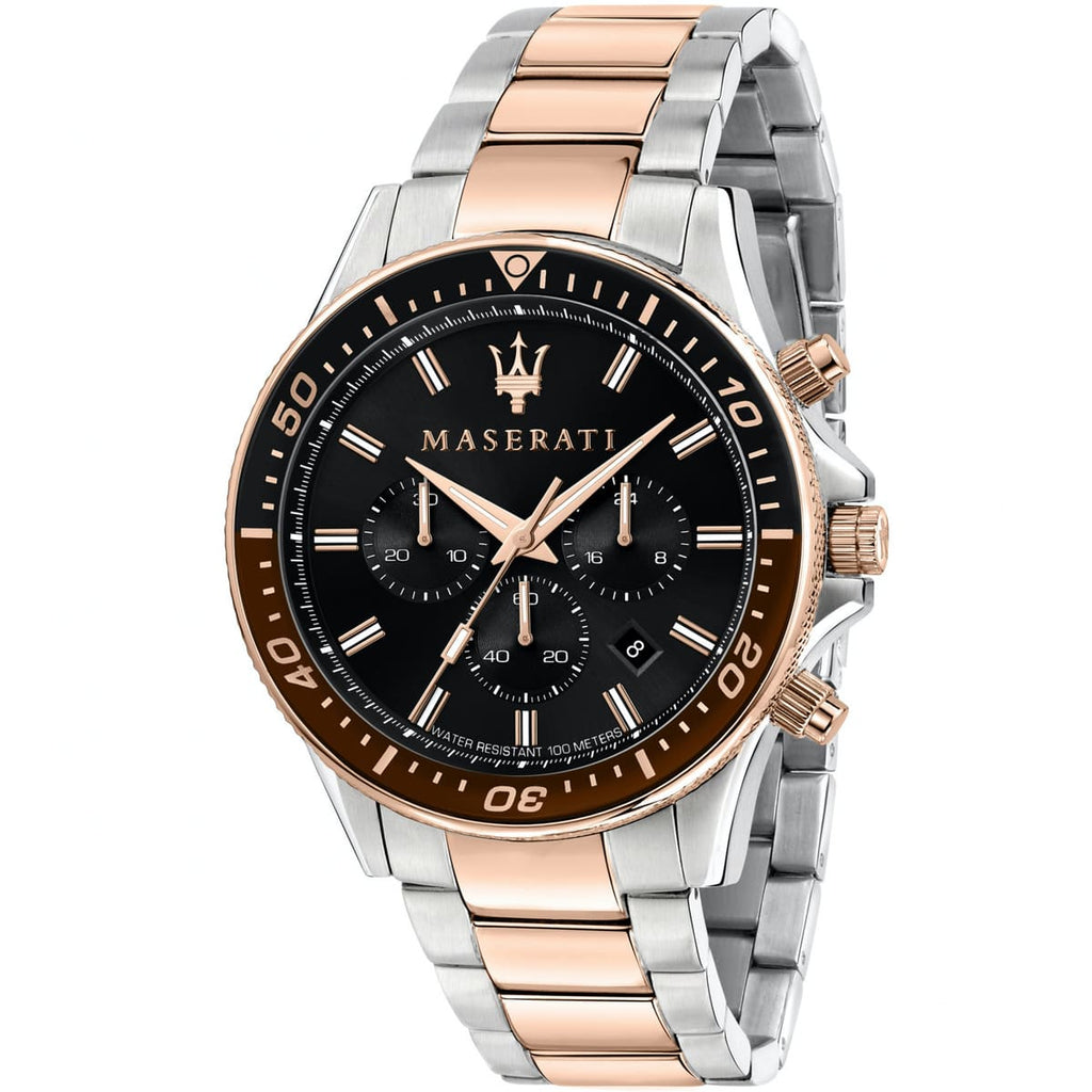 Maserati Sfida R8873640009 44mm Men’s Chronograph Watch – Black Dial & Two-Tone Link Bracelet