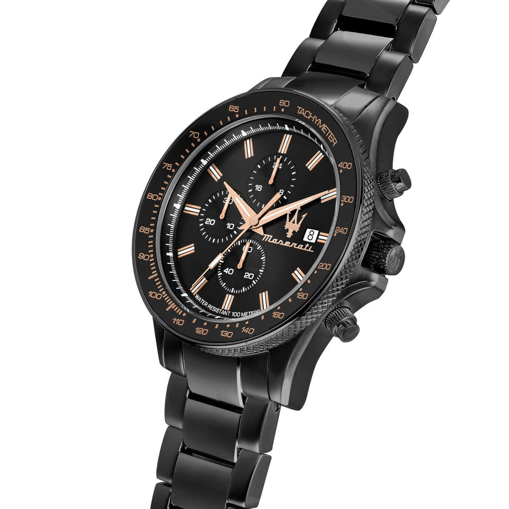Maserati Sfida R8873640011 44mm Men’s Chronograph Watch – Black Sunray Dial & All-Black Link Bracelet