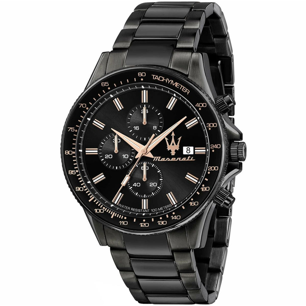 Maserati Sfida R8873640011 44mm Men’s Chronograph Watch – Black Sunray Dial & All-Black Link Bracelet