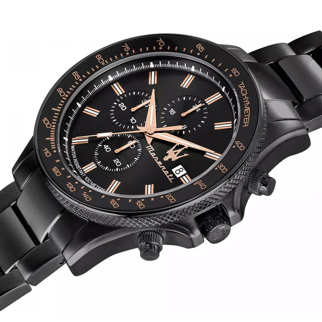 Maserati Sfida R8873640011 44mm Men’s Chronograph Watch – Black Sunray Dial & All-Black Link Bracelet