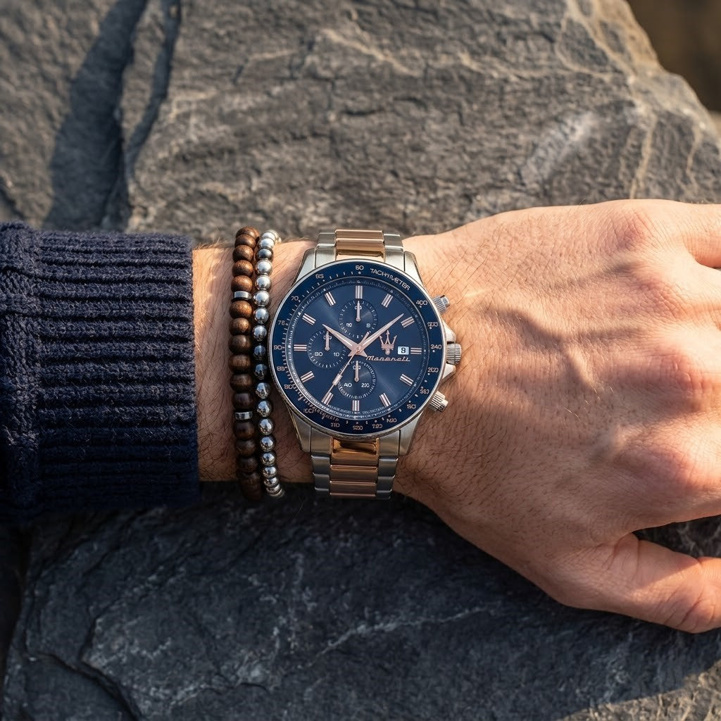 Maserati Sfida R8873640012 44mm Men’s Chronograph Watch – Blue Sunray Dial & Two-Tone Link Bracelet