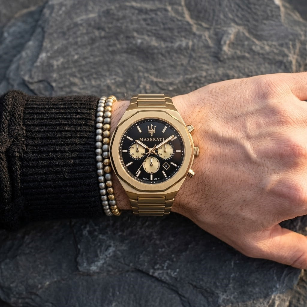 Maserati Stile R8873642001 45mm Men’s Chronograph Watch – Black Dial & Gold Link Bracelet