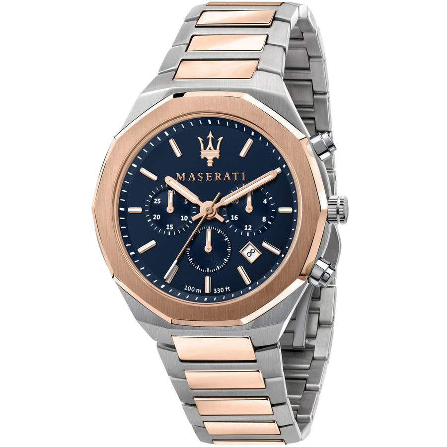 Maserati Stile R8873642002 45mm Men’s Chronograph Watch – Textured Navy Blue Dial & Two-Tone Link Bracelet