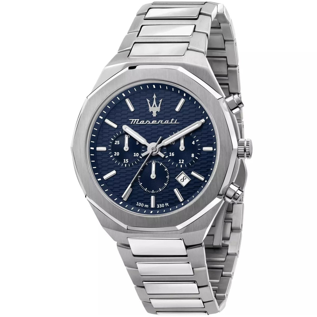 Maserati Stile R8873642006 45mm Men’s Chronograph Watch – Textured Navy Blue Dial & Stainless Steel Link Bracelet