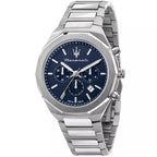 Maserati Stile R8873642006 45mm Men’s Chronograph Watch – Textured Navy Blue Dial & Stainless Steel Link Bracelet