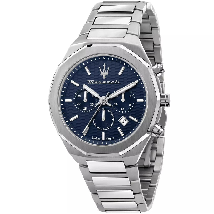 Maserati Stile R8873642006 45mm Men’s Chronograph Watch – Textured Navy Blue Dial & Stainless Steel Link Bracelet