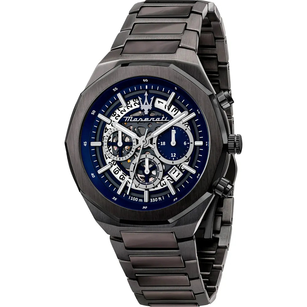 Maserati Stile R8873642012 45mm Men’s Chronograph Watch – Blue Skeleton Dial & Link Bracelet