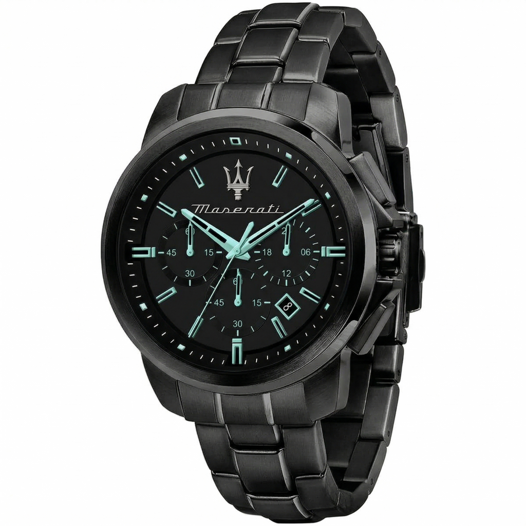 Maserati Successo Aqua Edition R8873644004 44mm Men’s Chronograph Watch – Black Dial & Black Link Bracelet