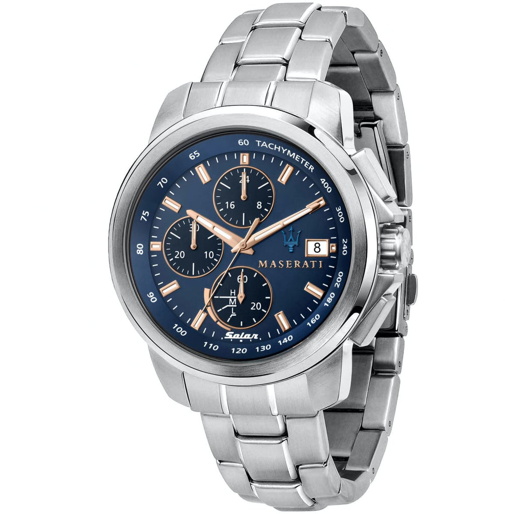 Maserati Successo Solar R8873645004 44mm Men’s Solar Watch – Blue Dial & Silver Link Bracelet