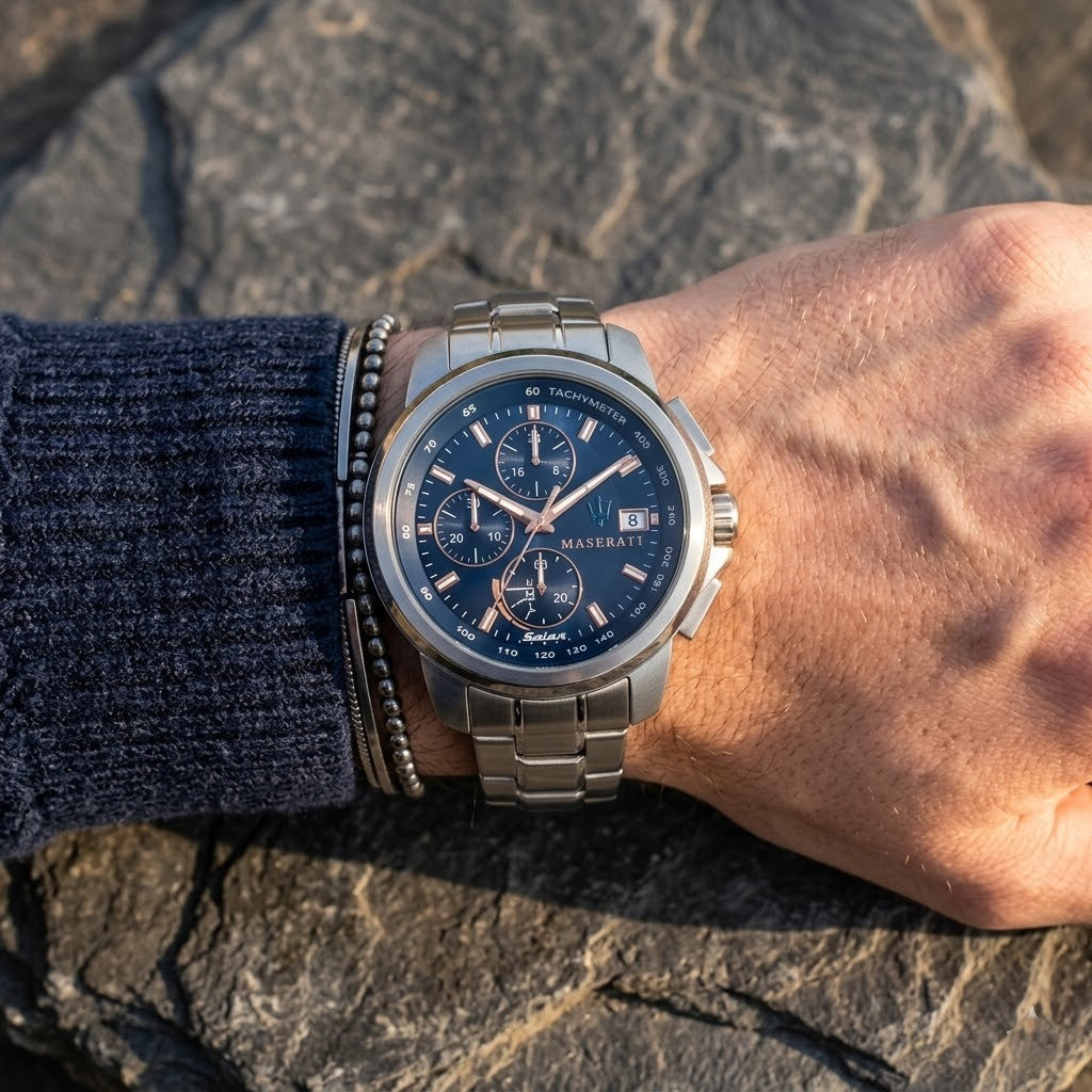 Maserati Successo Solar R8873645004 44mm Men’s Solar Watch – Blue Dial & Silver Link Bracelet