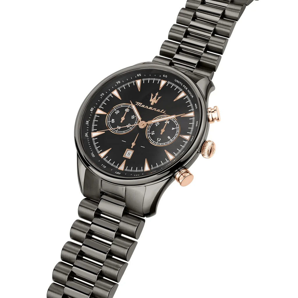 Maserati Traguardo R8873646001 45mm Men’s Chronograph Watch – Black Dial & Gunmetal Grey Link Bracelet