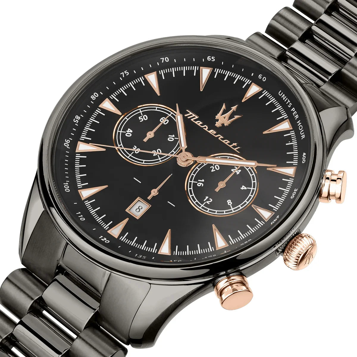 Maserati Traguardo R8873646001 45mm Men’s Chronograph Watch – Black Dial & Gunmetal Grey Link Bracelet