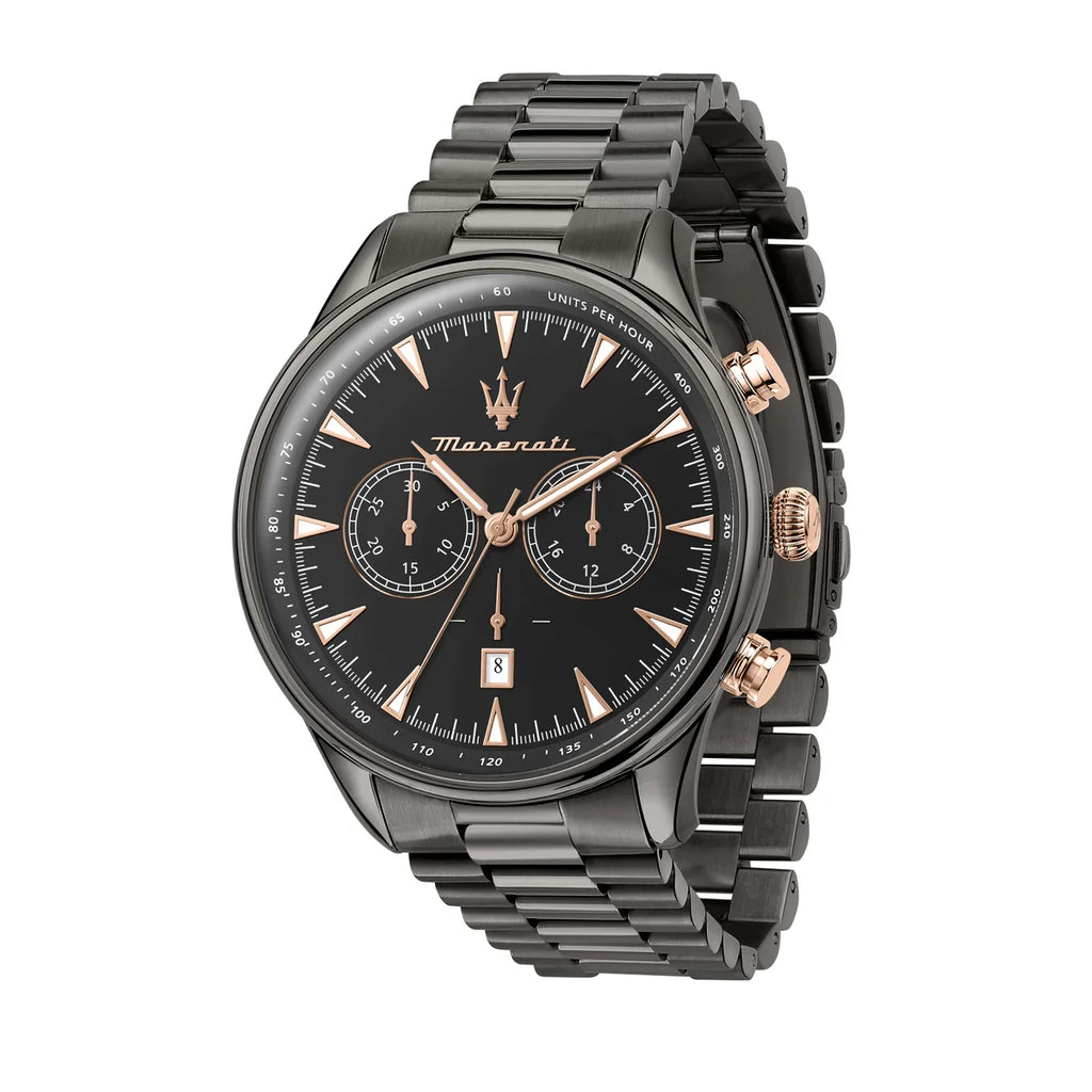 Maserati Traguardo R8873646001 45mm Men’s Chronograph Watch – Black Dial & Gunmetal Grey Link Bracelet