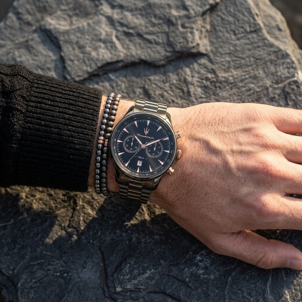 Maserati Traguardo R8873646001 45mm Men’s Chronograph Watch – Black Dial & Gunmetal Grey Link Bracelet