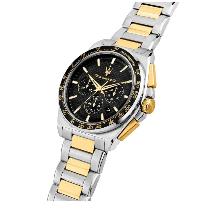 Maserati Velocita R8873652003 45mm Men’s Chronograph Watch – Black Textured Dial & Two-Tone Link Bracelet