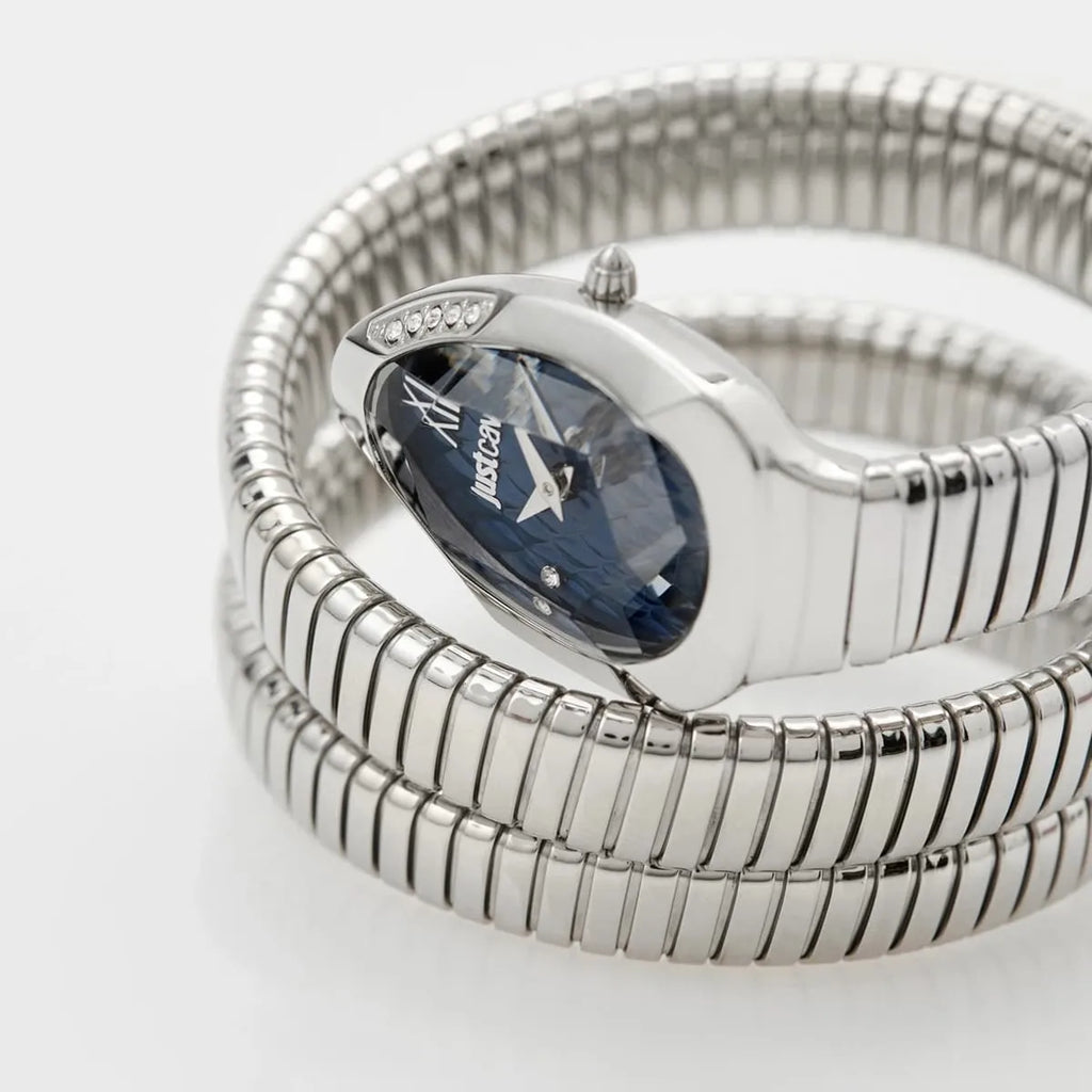 Just Cavalli Signature Snake JC1L224M0025 22mm Women's Quartz Watch – Blue with Silver Stainless Steel Bracelet