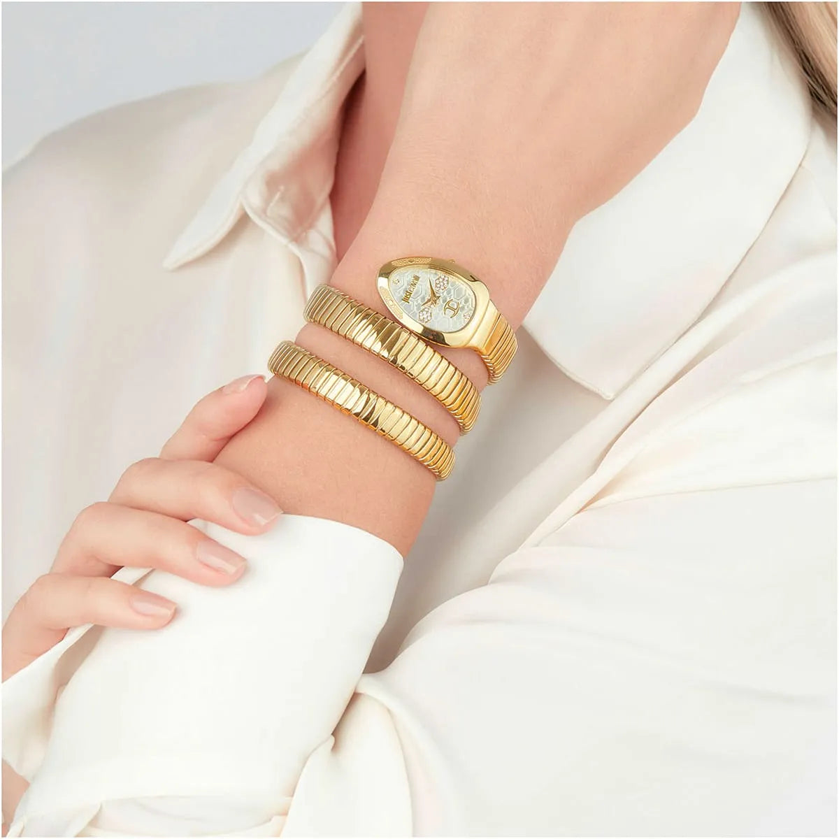 Just Cavalli Signature Snake JC1L232M0025 22mm Women's Quartz Watch – Silver with Gold Stainless Steel Bracelet