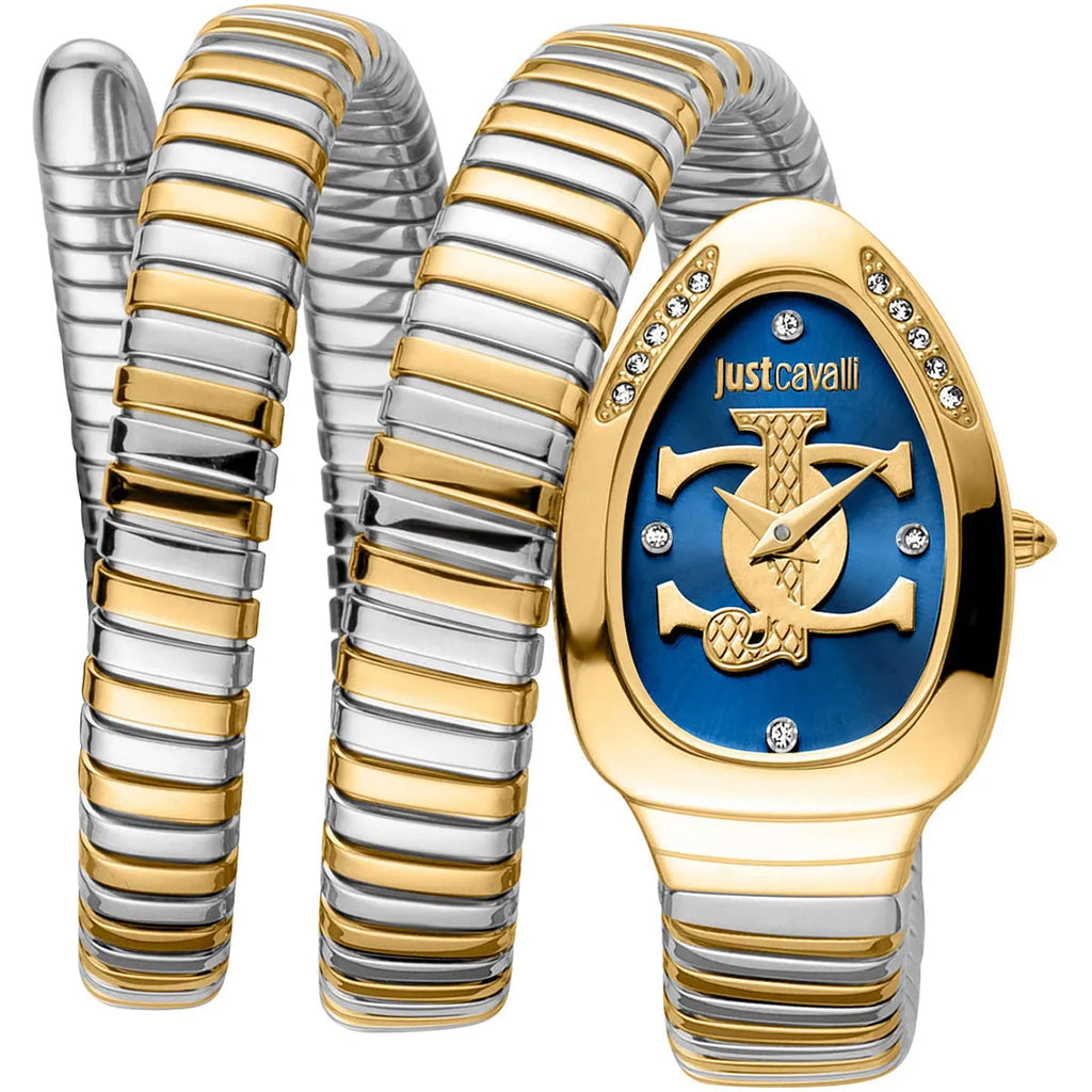 Just Cavalli Signature Snake JC1L228M0075 22mm Women's Quartz Watch – Blue with Silver & Gold Stainless Steel Bracelet