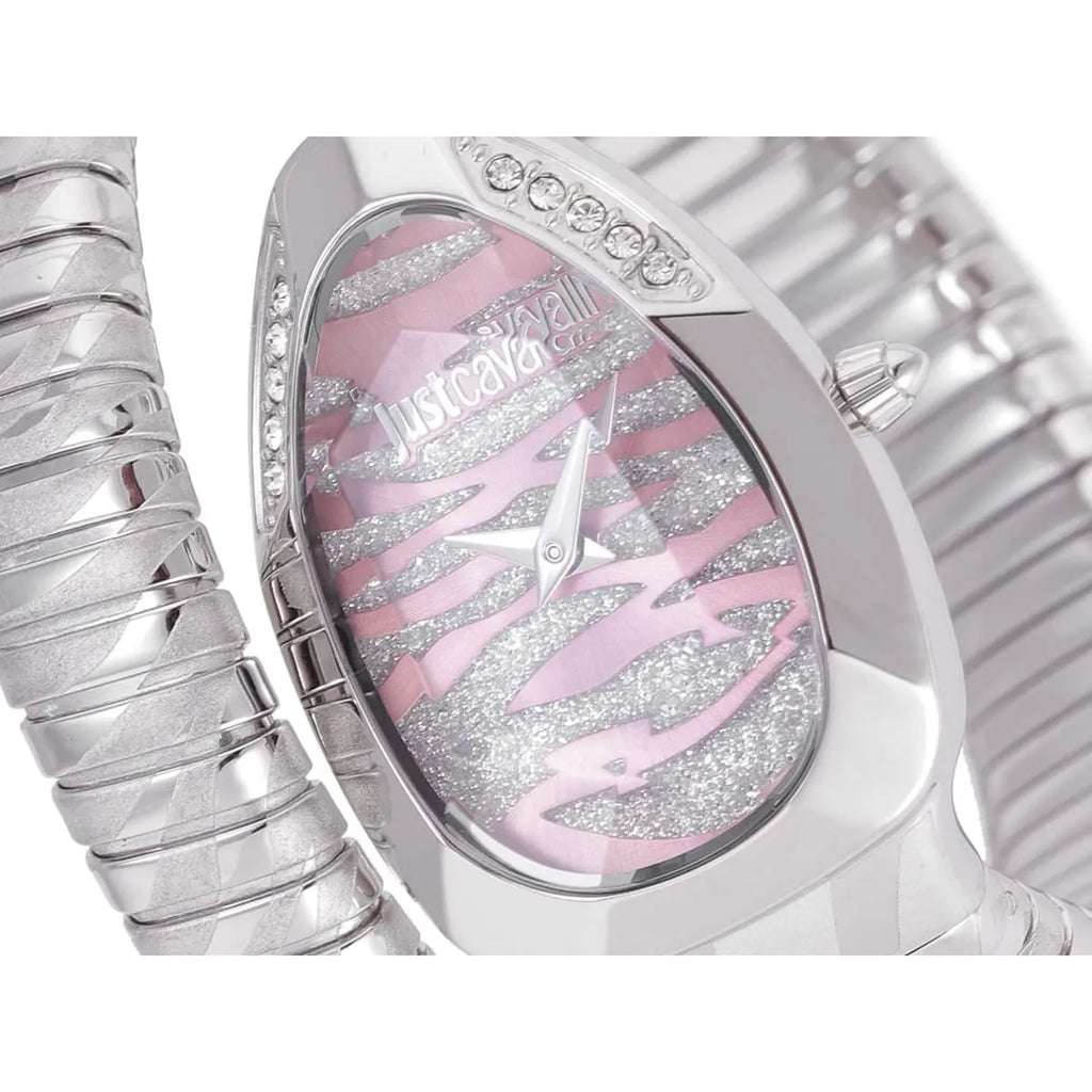 Just Cavalli Signature Snake JC1L225M0015 34mm Women's Quartz Watch – Silver & Pink with Silver Stainless Steel Bracelet