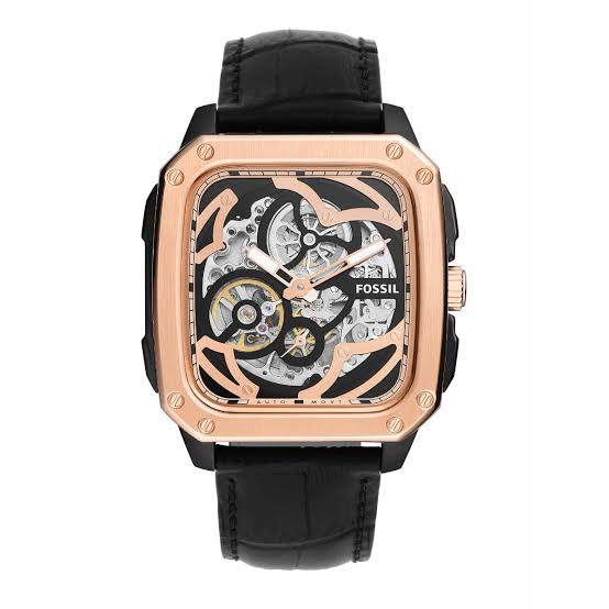 Fossil Inscription BQ2572 42mm Men’s Automatic Watch – Rose Gold-tone Skeleton Dial & Black Genuine Leather Strap