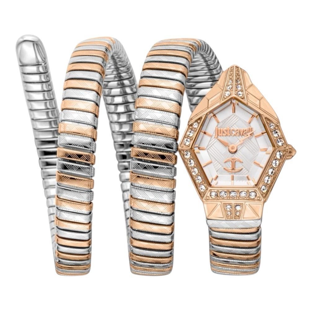 Just Cavalli Signature JC1L304M0075 23mm Women's Quartz Watch – White with Silver & Copper Stainless Steel Bracelet