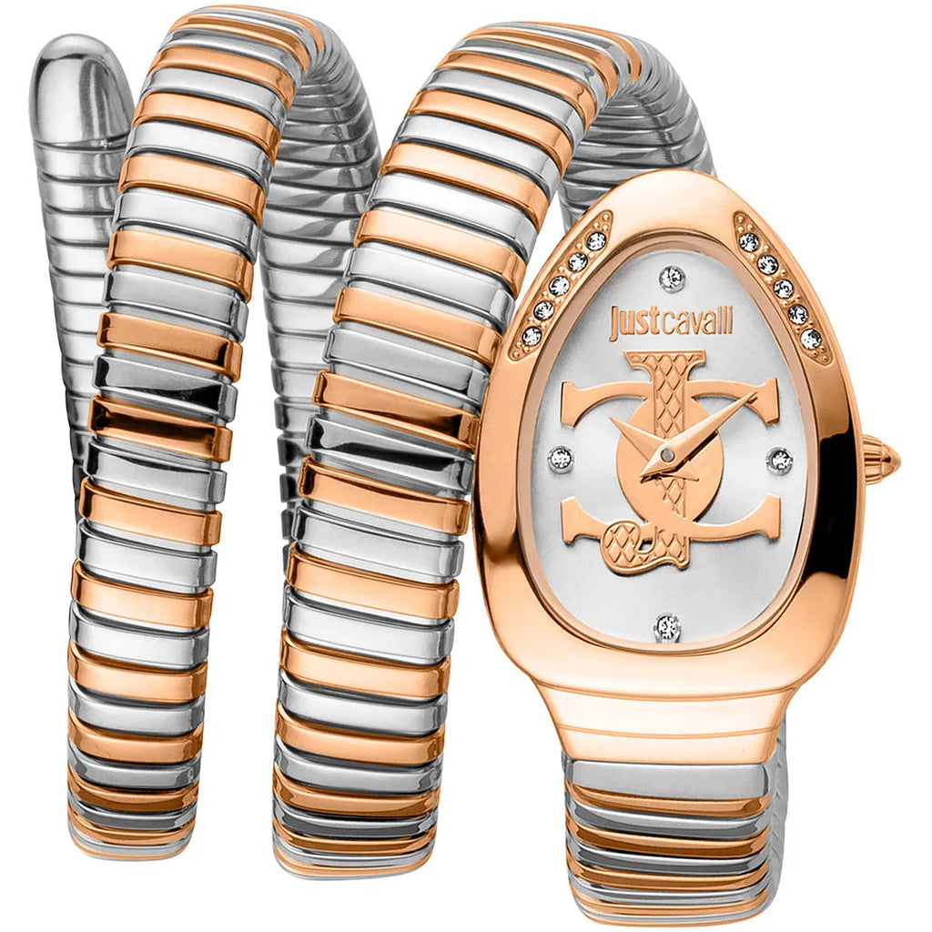 Just Cavalli Signature JC1L228M0085 23mm Women's Quartz Watch – White with Silver & Copper Stainless Steel Bracelet