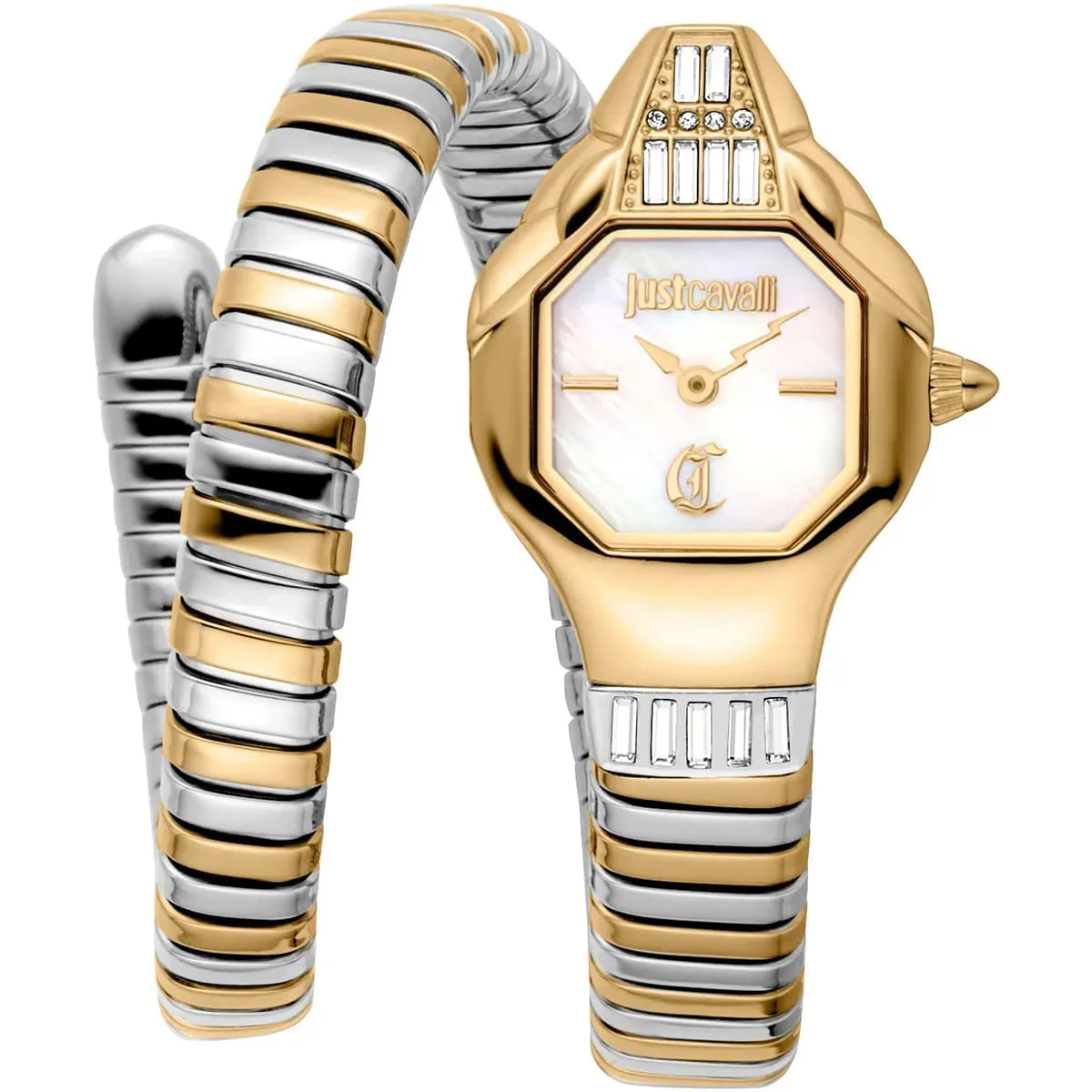 Just Cavalli Signature Snake JC1L326M0055 20mm Women's Quartz Watch – White with Silver & Gold Stainless Steel Bracelet
