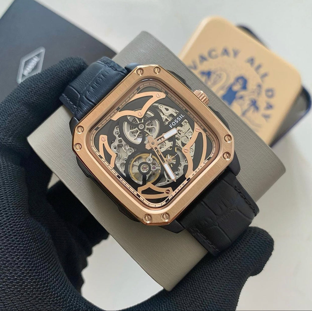 Fossil Inscription BQ2572 42mm Men’s Automatic Watch – Rose Gold-tone Skeleton Dial & Black Genuine Leather Strap