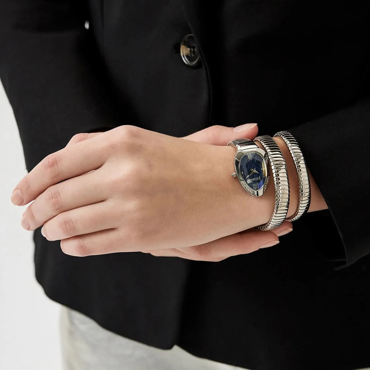 Just Cavalli Signature Snake JC1L224M0025 22mm Women's Quartz Watch – Blue with Silver Stainless Steel Bracelet
