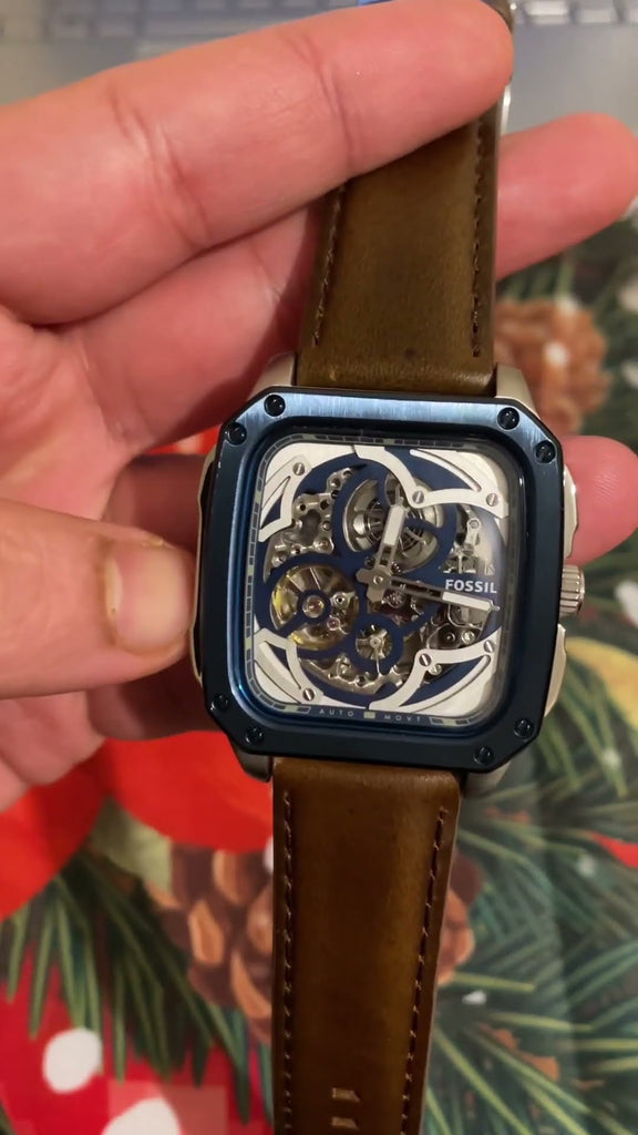 Fossil Inscription BQ2571 42mm Men’s Automatic Watch – Blue Skeleton Dial & Brown Genuine Leather Strap