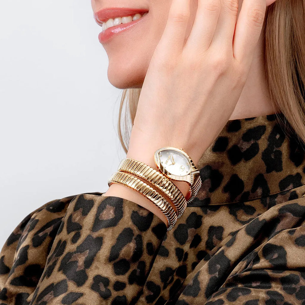 Just Cavalli Signature Snake JC1L248M0025 22mm Women's Quartz Watch – Silver with Gold Stainless Steel Bracelet
