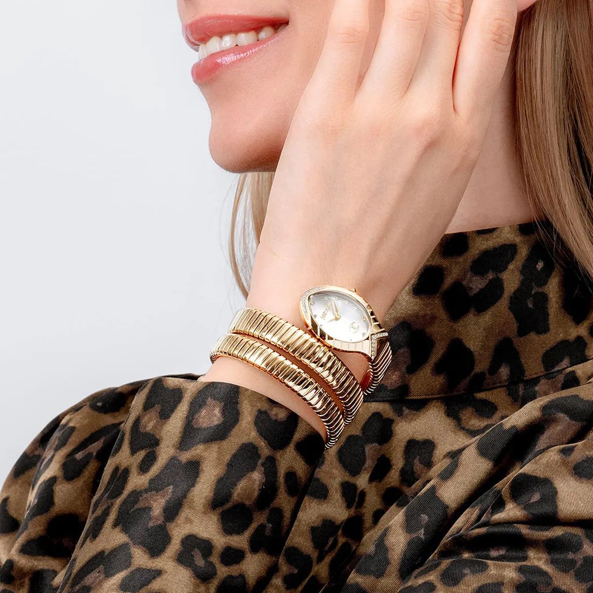 Just Cavalli Signature Snake JC1L248M0025 22mm Women's Quartz Watch – Silver with Gold Stainless Steel Bracelet
