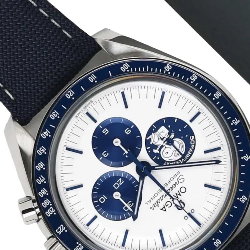 Omega Speedmaster “Silver Snoopy Award” 50th Anniversary Master Quality Watch – White Dial & Navy Leather Strap